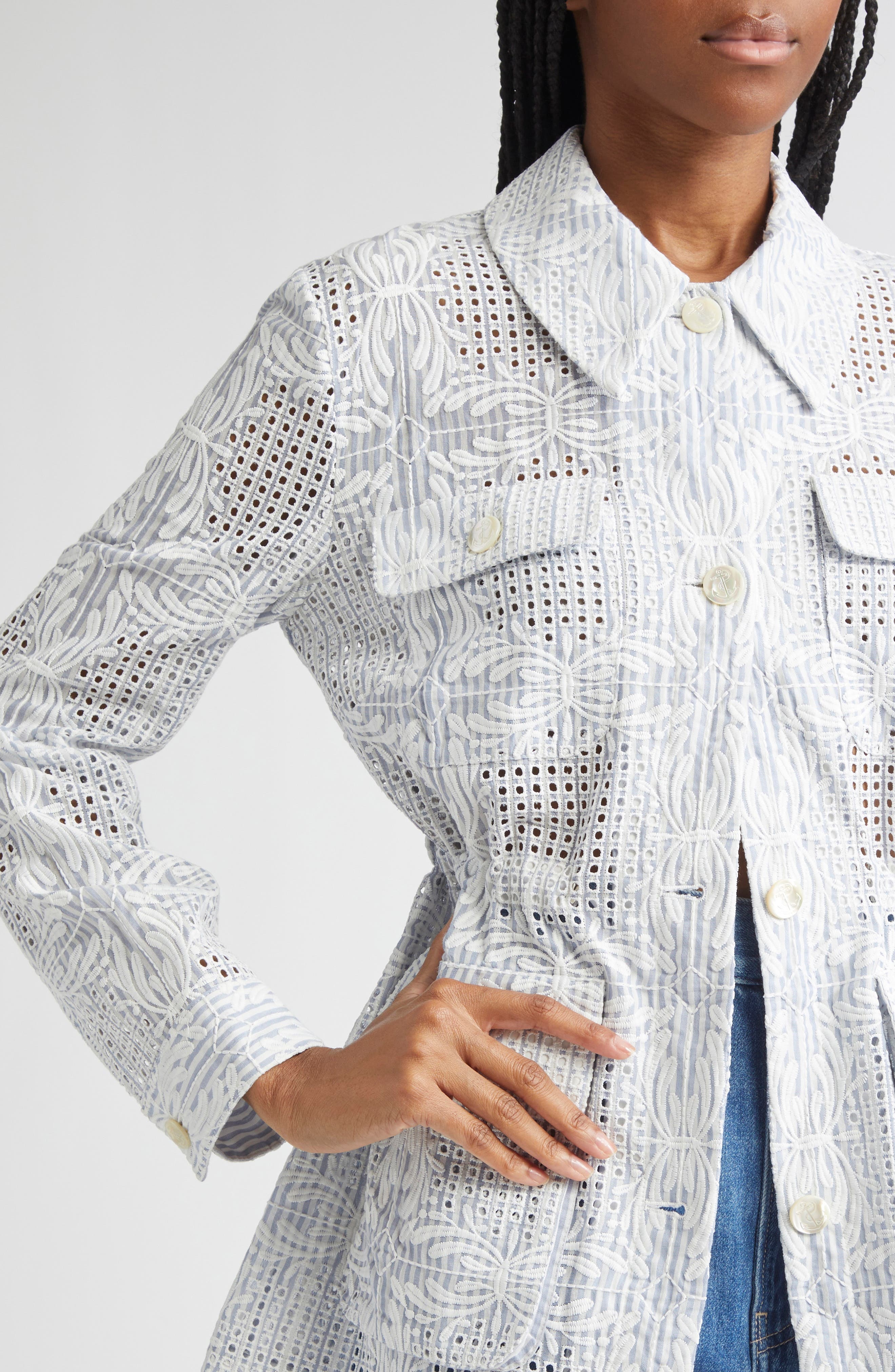 Veronica Beard Kiki Embroidered Eyelet Jacket in Blue White at Nordstrom - 5