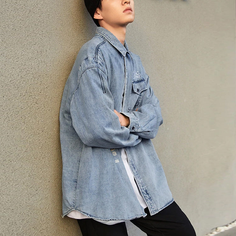 Li-Ning Skateboard Series Logo Embroidered Loose Washed Denim Shirt 'Light Blue' ASHS011-1 - 6