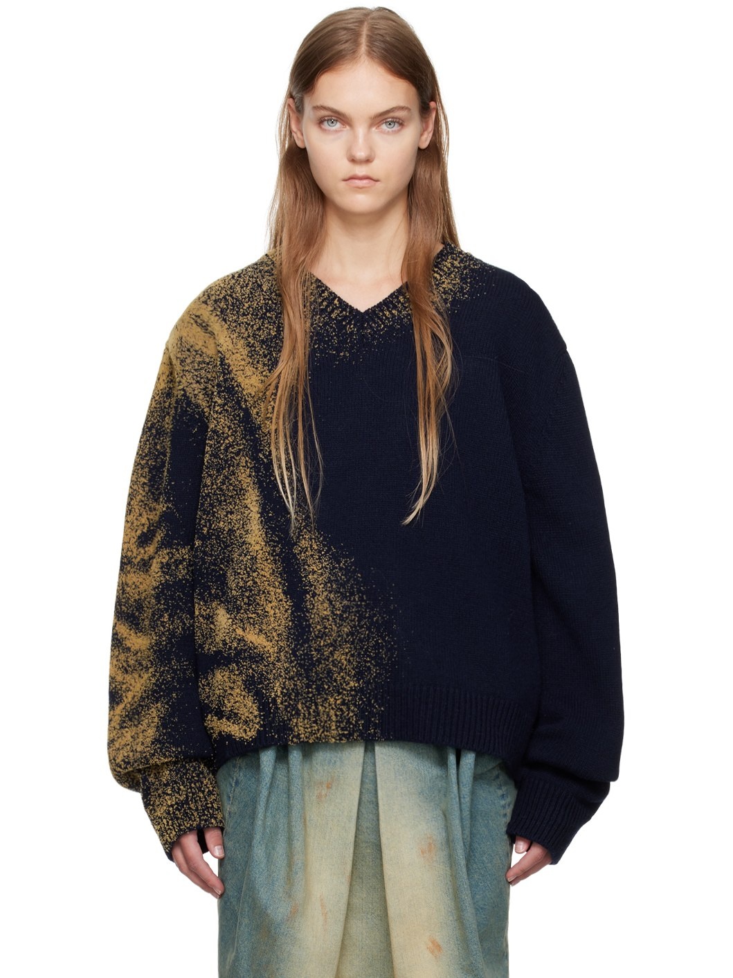 Maison Margiela Navy Flocked Sweater | ssense | REVERSIBLE