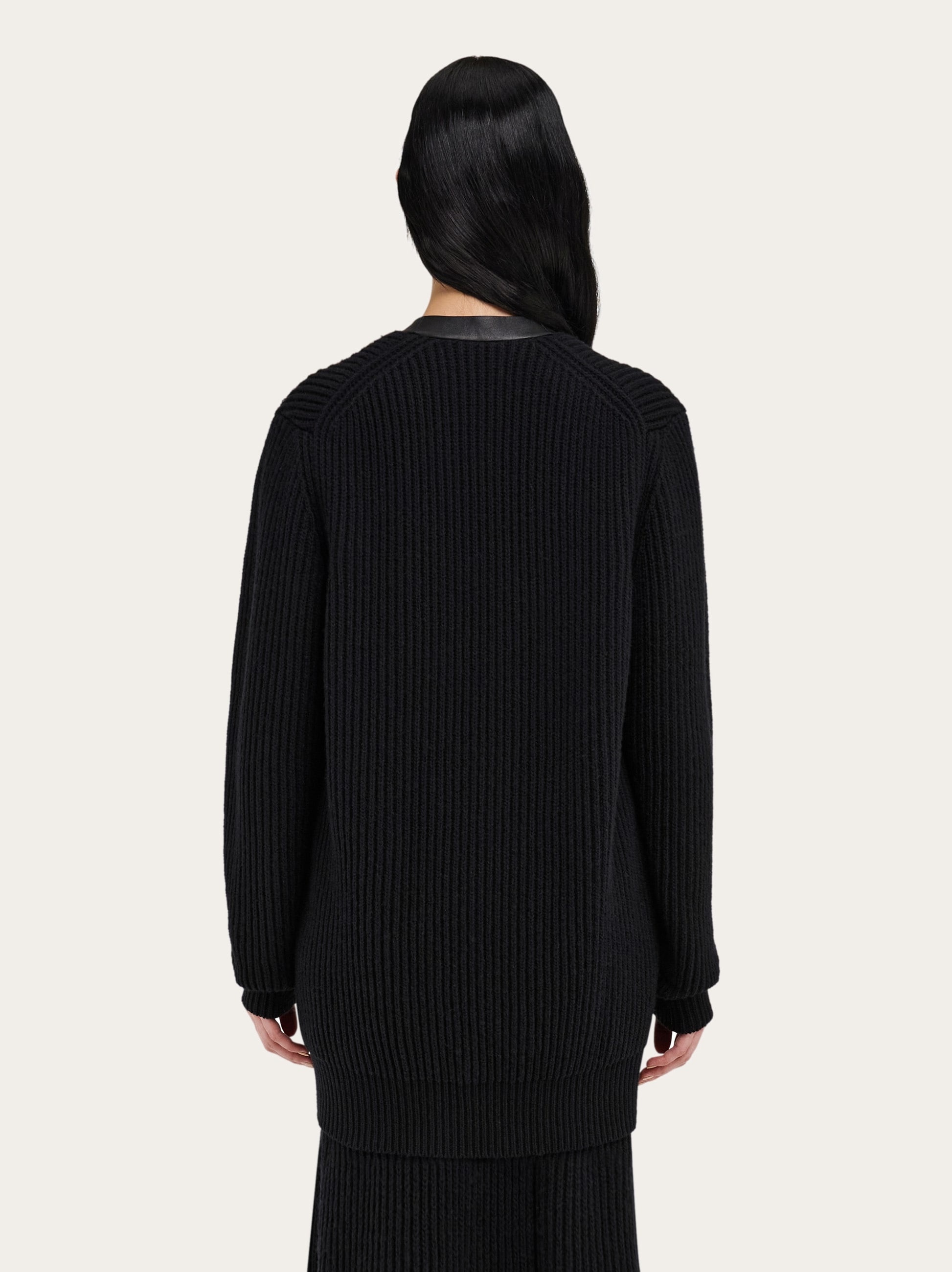 Longline cardigan with leather trim - 4