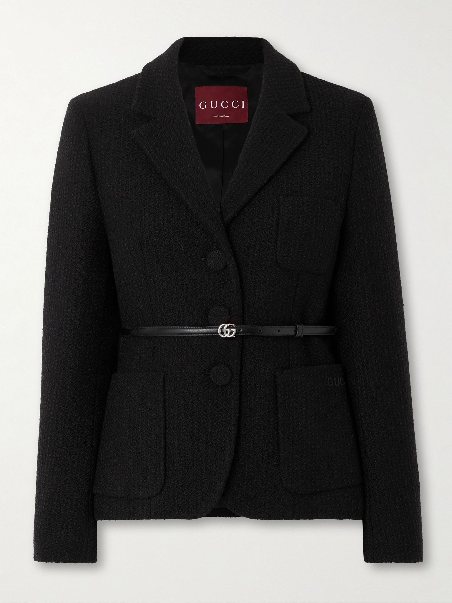 Belted wool-blend bouclé jacket Black - 1