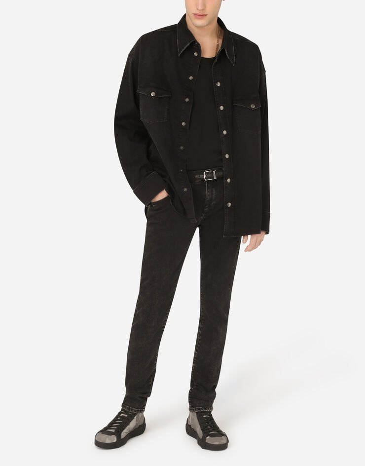 Washed black stretch denim shirt with DG logo - 6