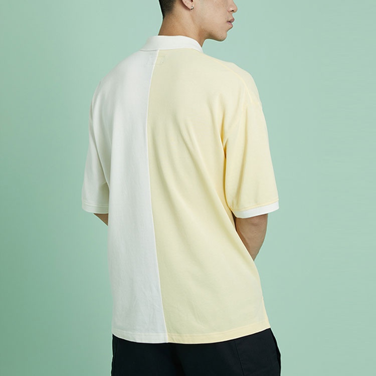 Men's Converse Splicing Colorblock Lapel Short Sleeve Cream Yellow Polo Shirt 10022780-A01 - 4