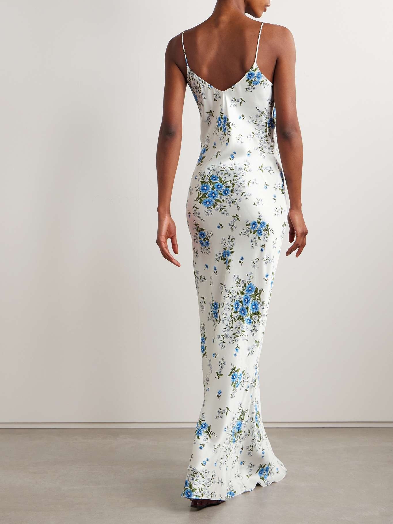 Embellished floral-print silk-satin maxi dress Blue - 4