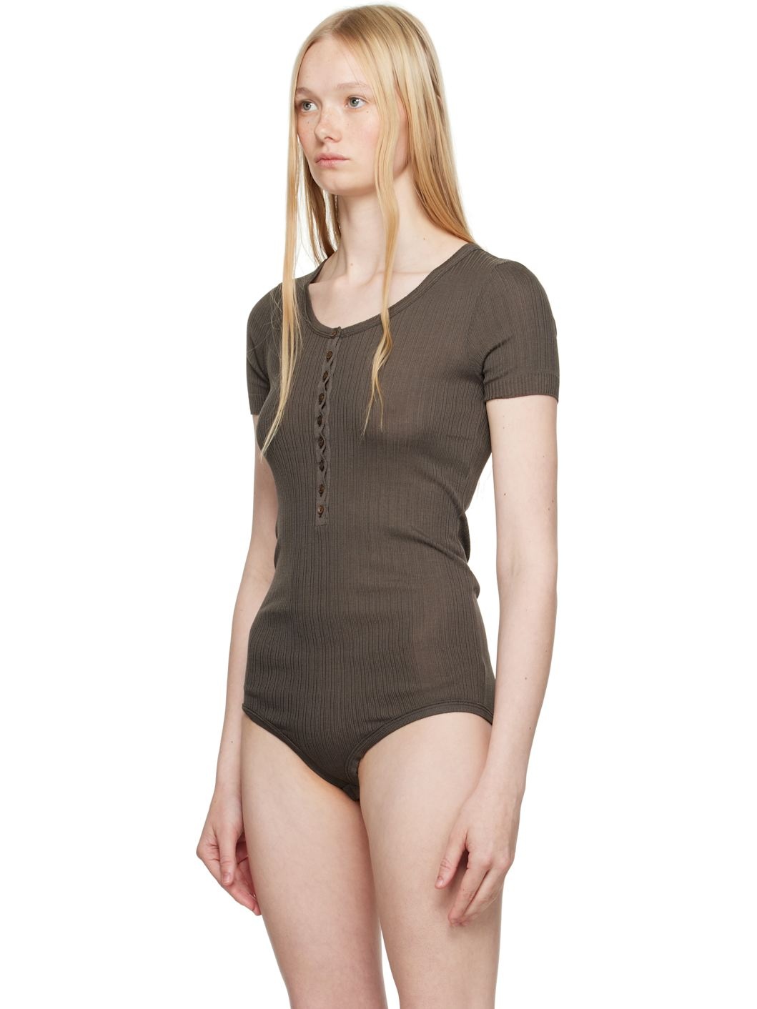 Brown Buttoned Rib Bodysuit - 4