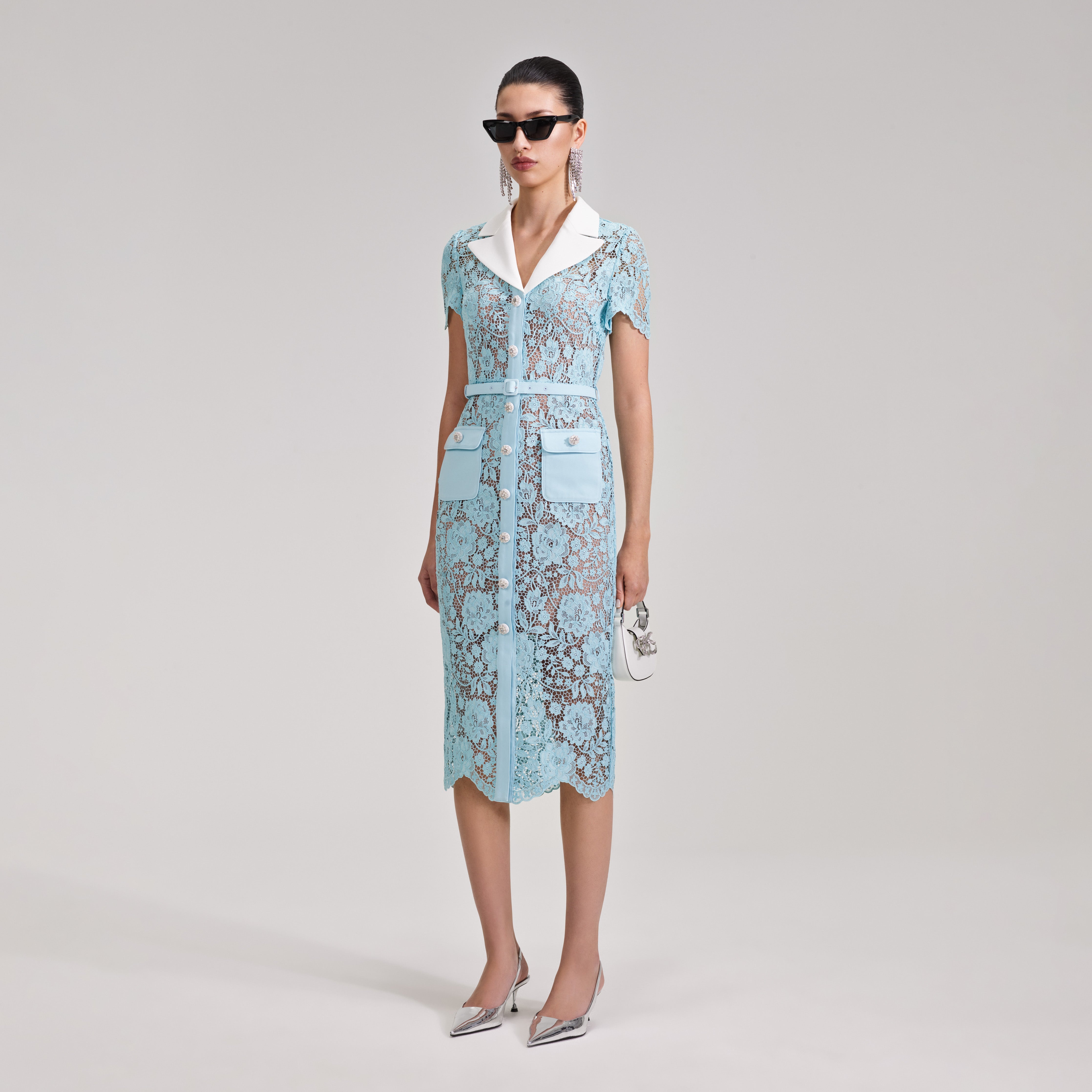 knee length dresses for ladies Baby Blue Fine Lace Midi Dress – self-portrait main image 0