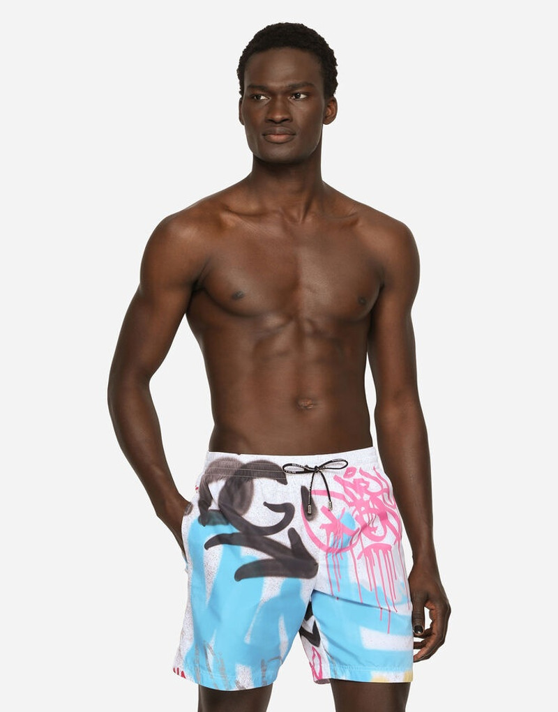 Mid-length swim trunks with spray-paint graffiti print 4