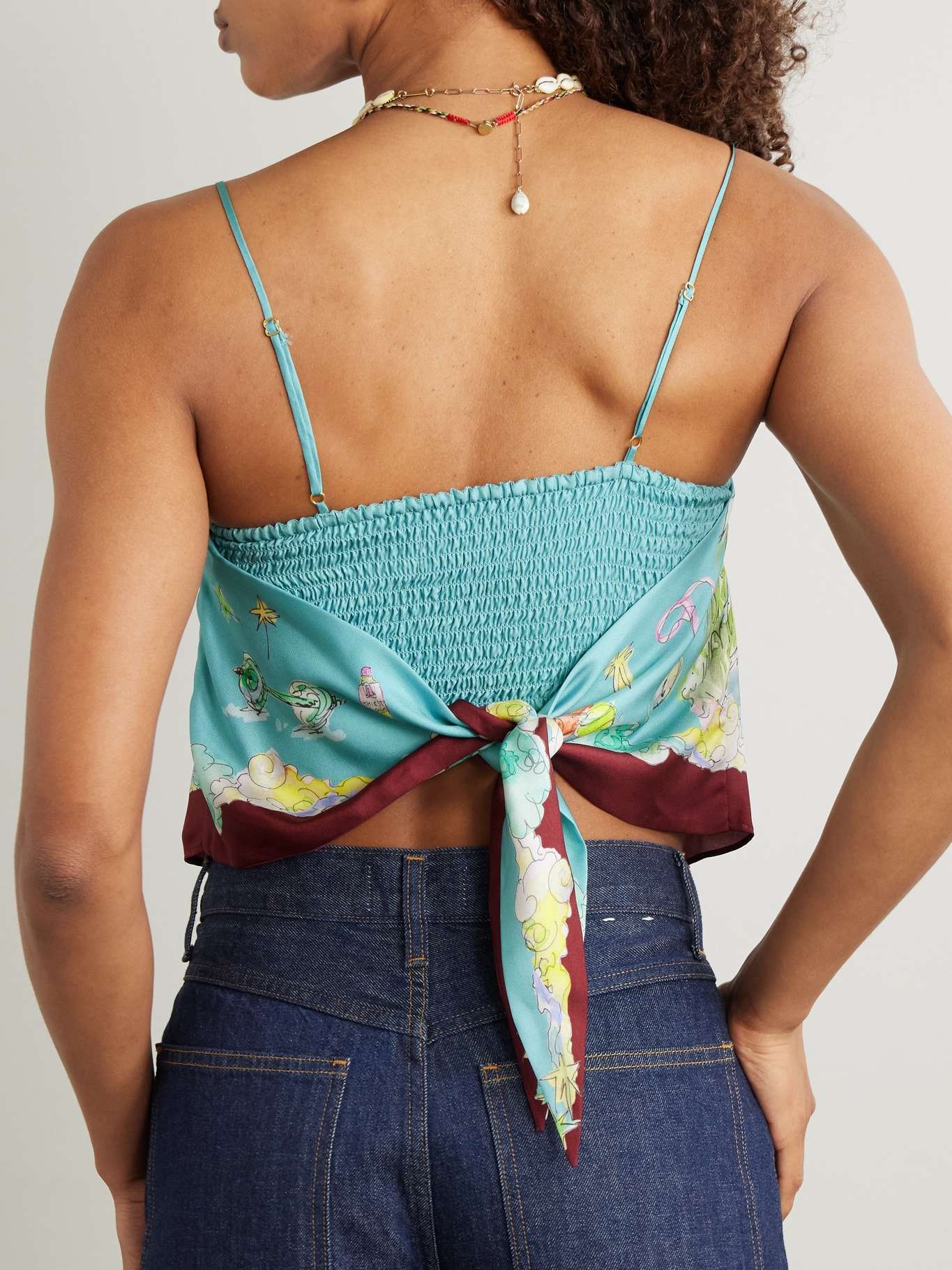 + Anouk Colantoni Daria cropped tie-detailed printed silk-twill camisole Light blue - 3
