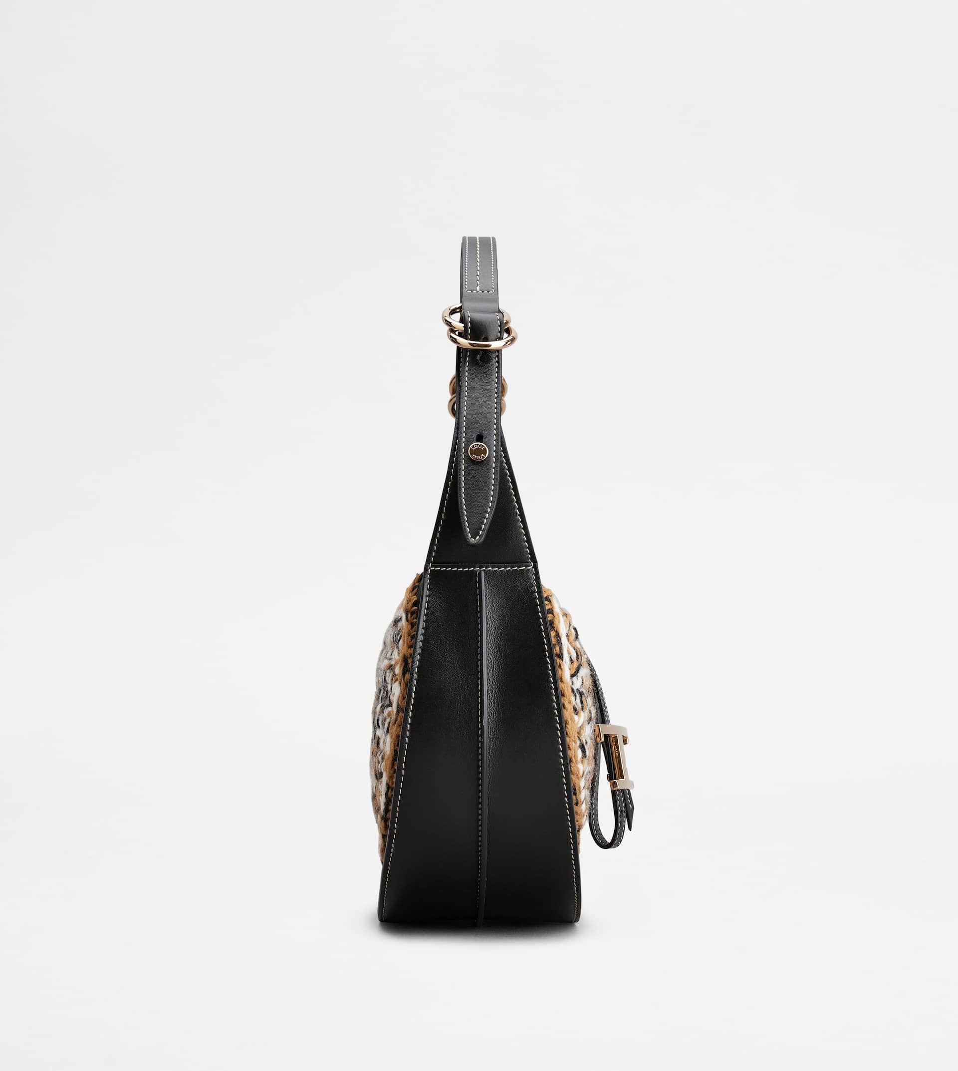T TIMELESS HOBO BAG IN LEATHER AND WOOL SMALL - BLACK, BROWN - 2