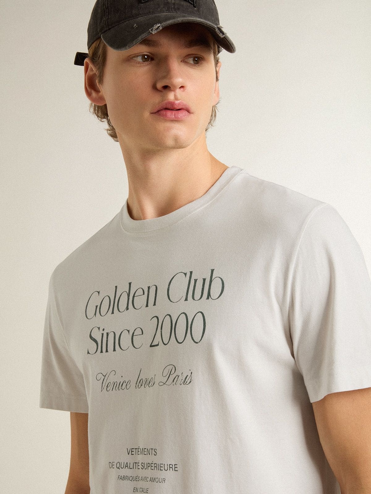 Men's white cotton T-shirt with green print - 5