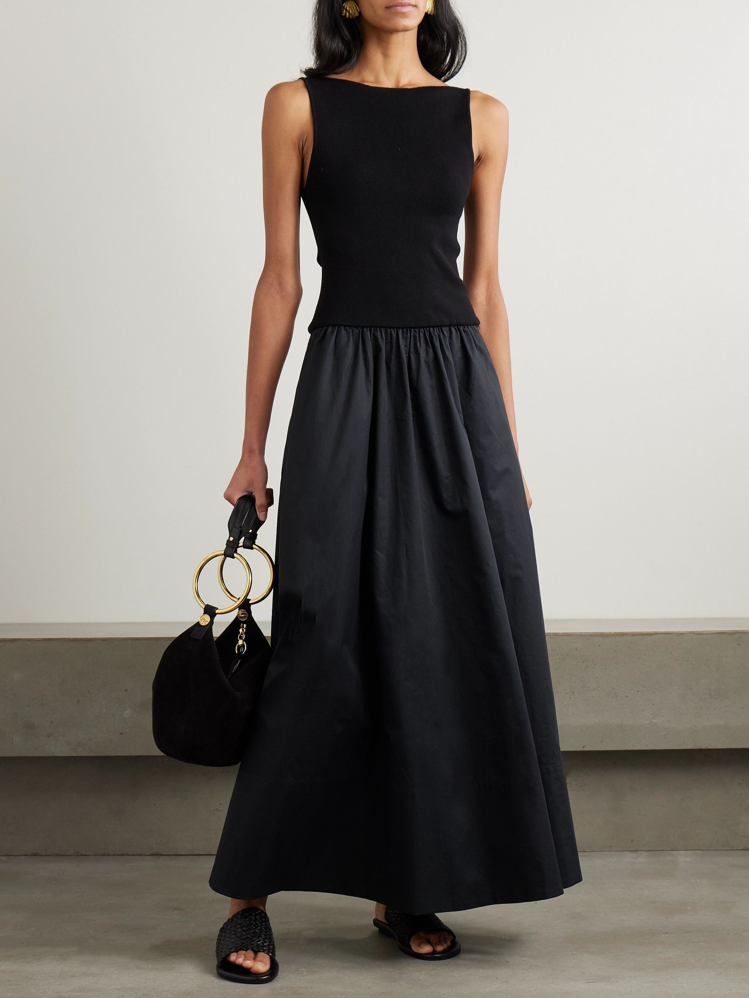 Open-back jersey and cotton-poplin maxi dress Black - 3