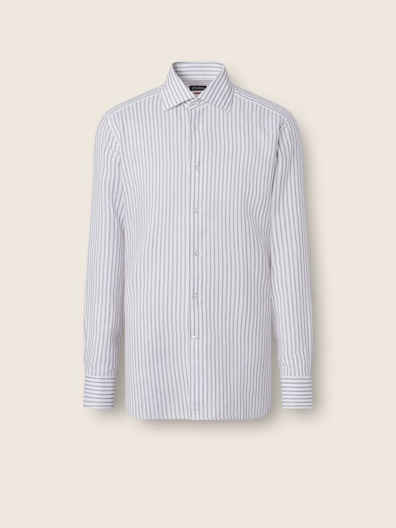 DARK BROWN AND WHITE STRIPED COTTON LINEN AND SILK SHIRT 1