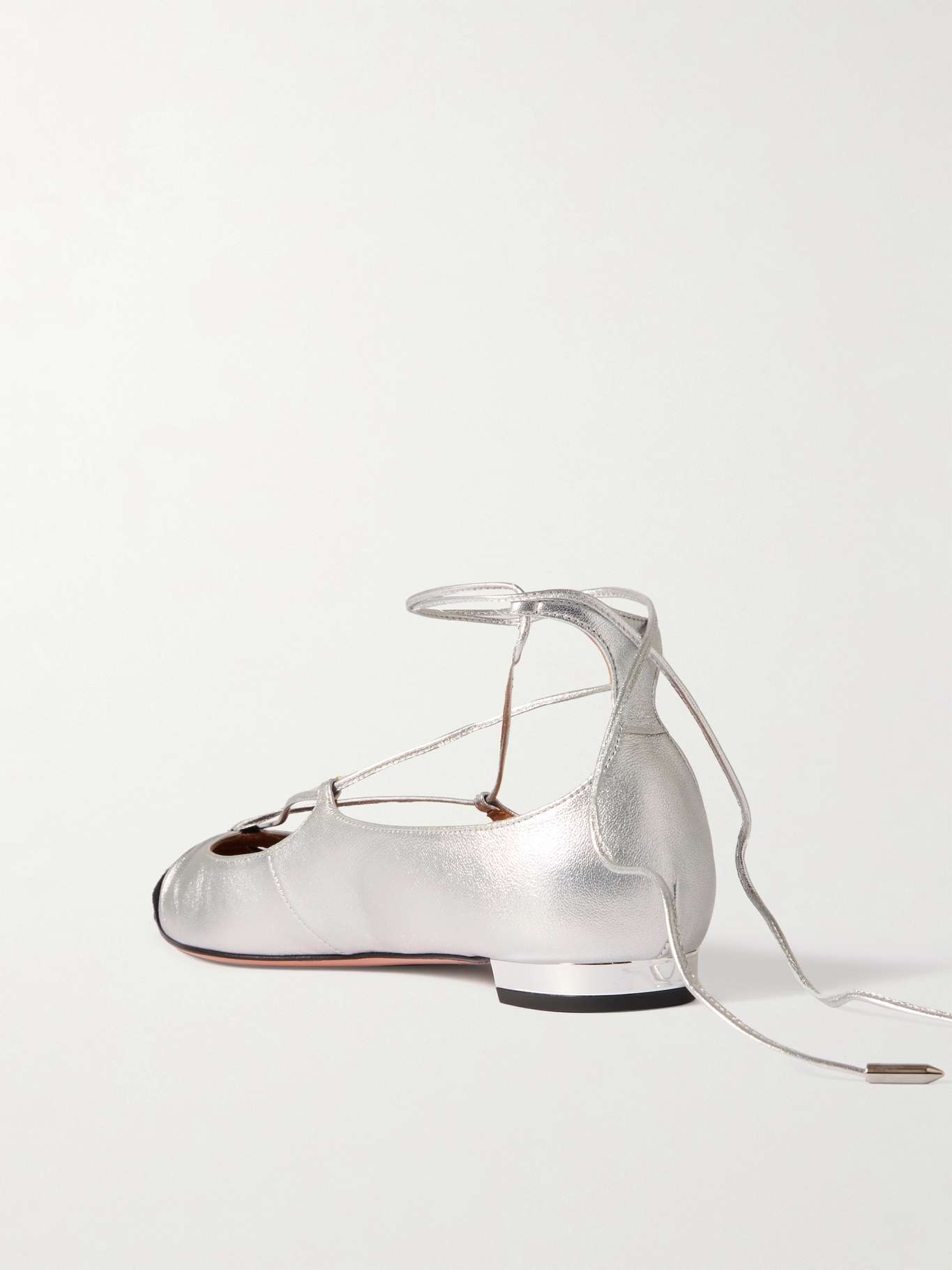 AQUAZZURA Gabi lace-up metallic leather point-toe flats