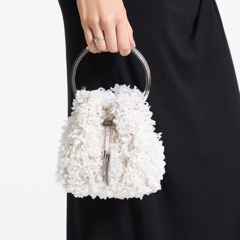 JIMMY CHOO Bon Bon
Ivory Satin Bucket Bag with Petal Embroidery outlook