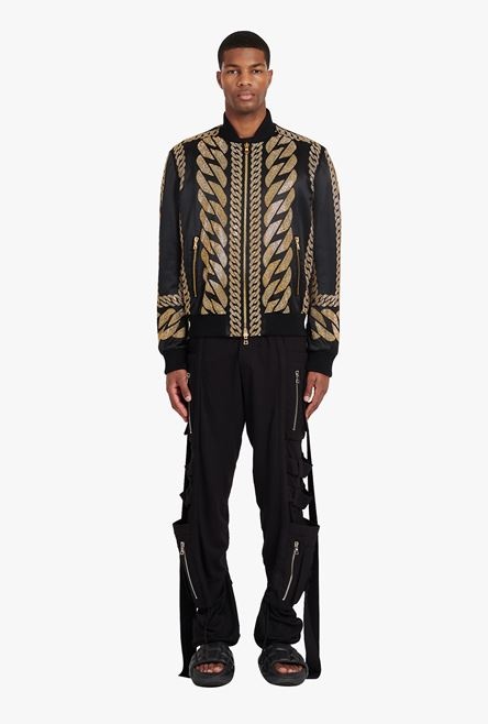 Black silk bomber jacket with gold-tone chain embroidery - 4