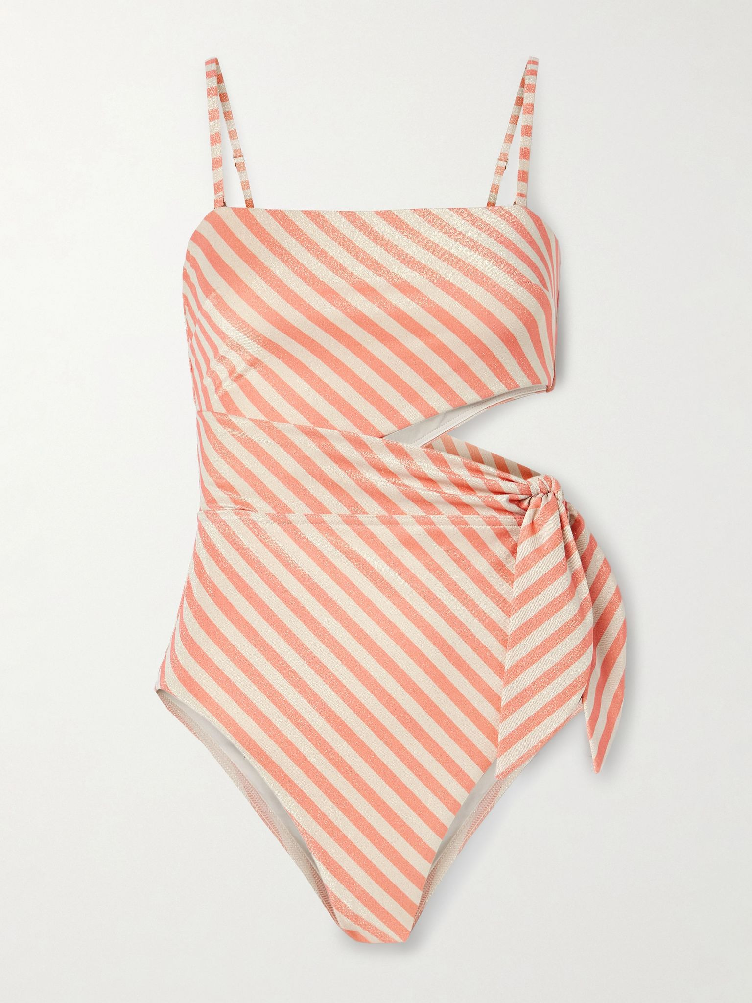 Cascadian cutout tie-detailed striped metallic recycled swimsuit Coral - 1