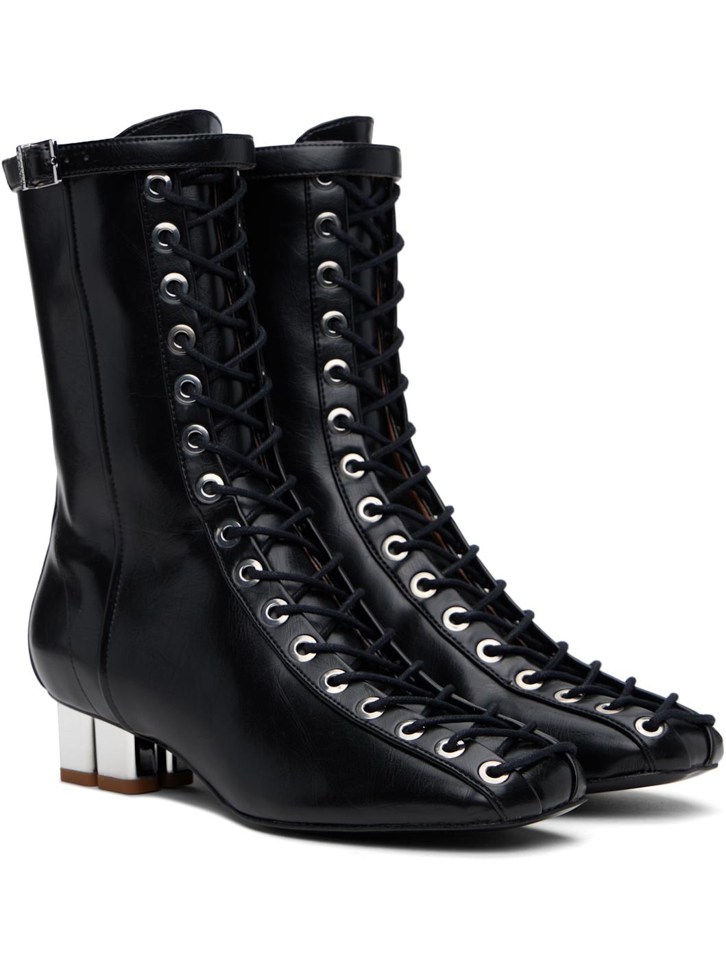 Black Oleatex Eyelets Lace-Up Ankle Boots - 4
