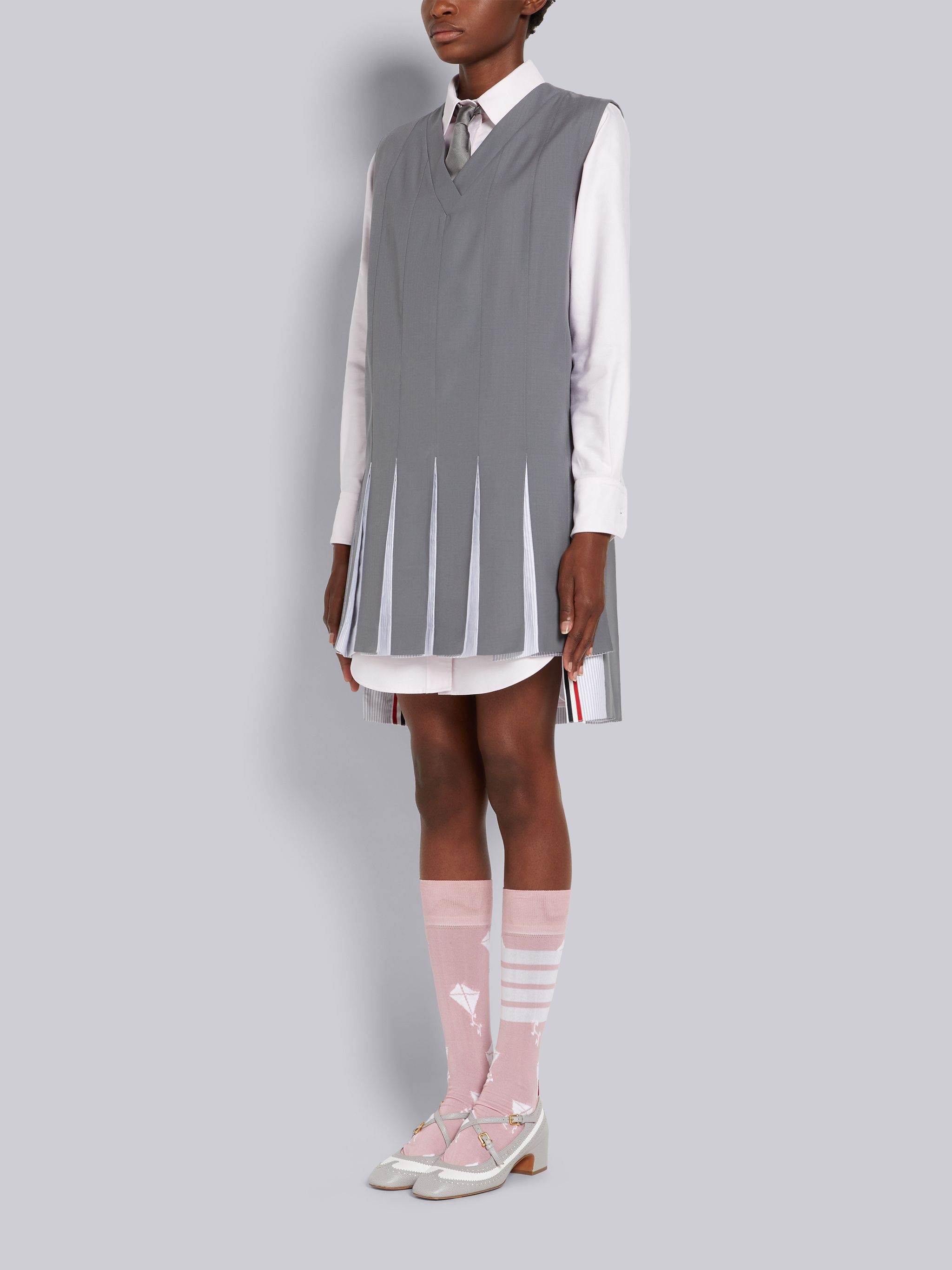 Medium Grey Ripstop School Uniform Striped Oxford Pleat Mini Sleeveless Tunic - 2