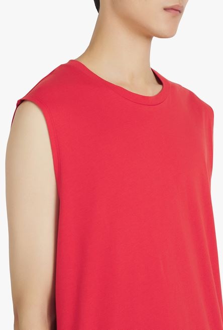 Red eco-designed cotton T-shirt with white Balmain logo print - 6