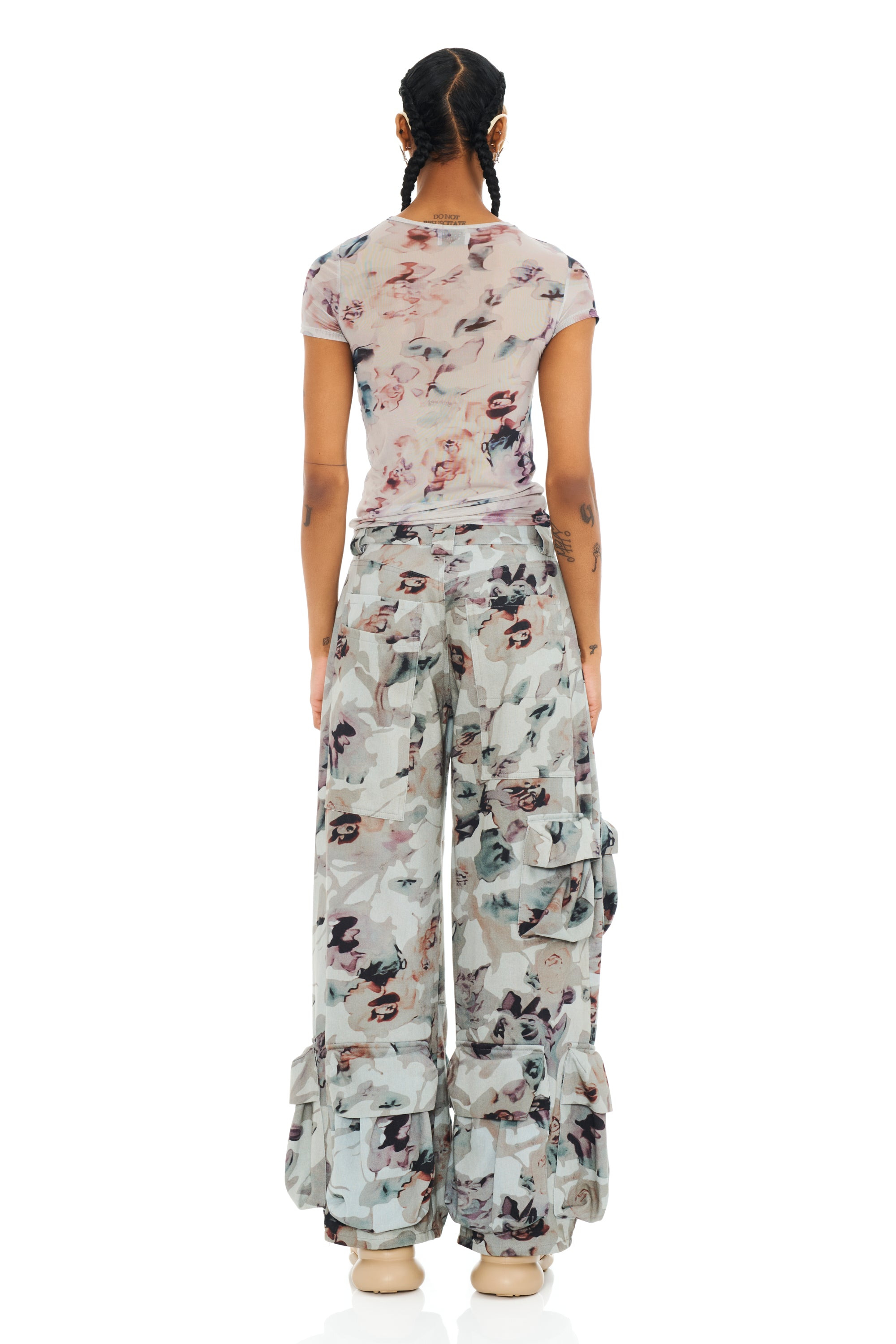 BEIGE WATERCOLOR ROSES GARDEN CARGO PANT - 6