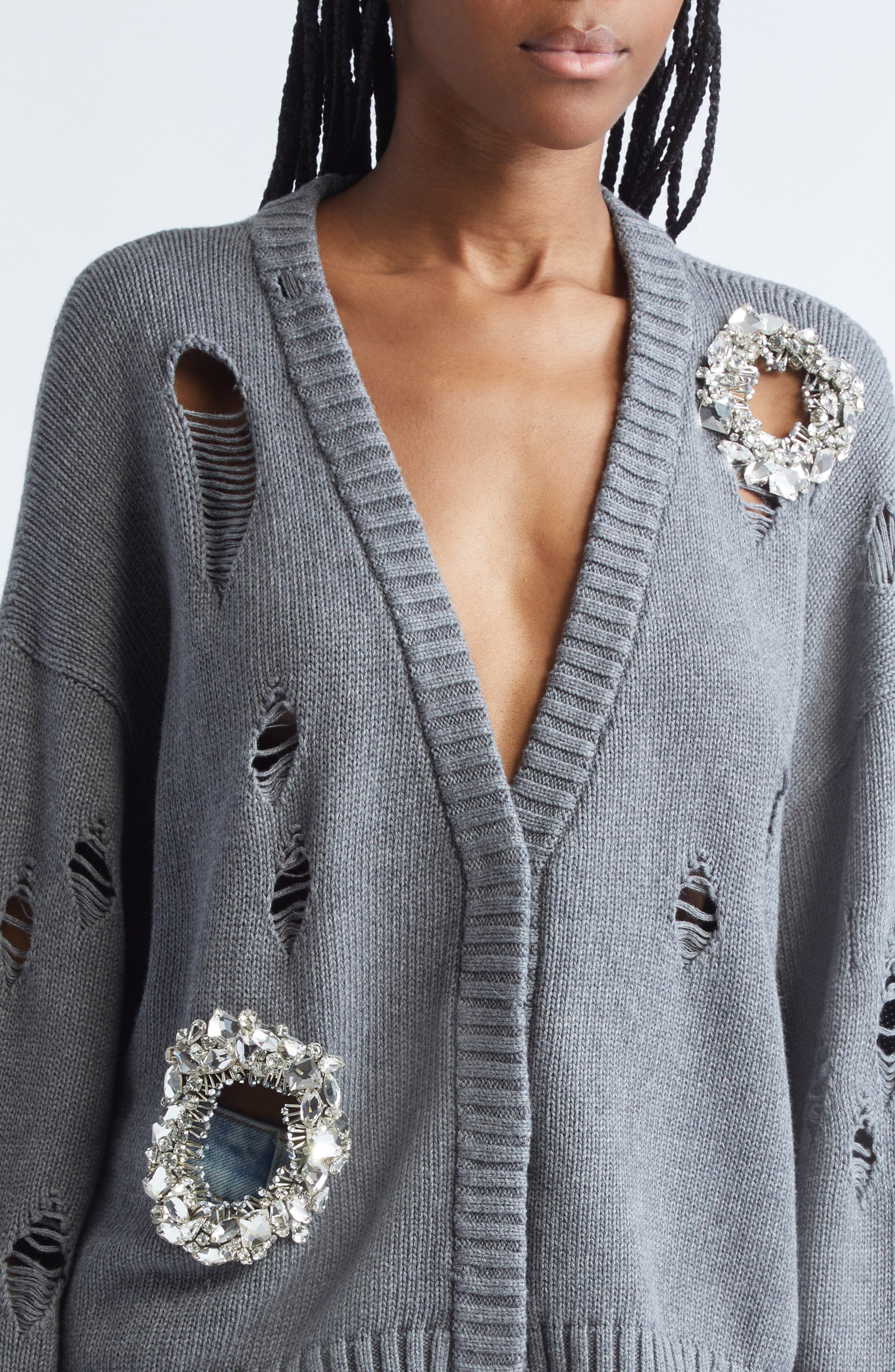 Area Distressed Crystal Cotton & Cashmere Cardigan in Heathered Grey at Nordstrom - 5
