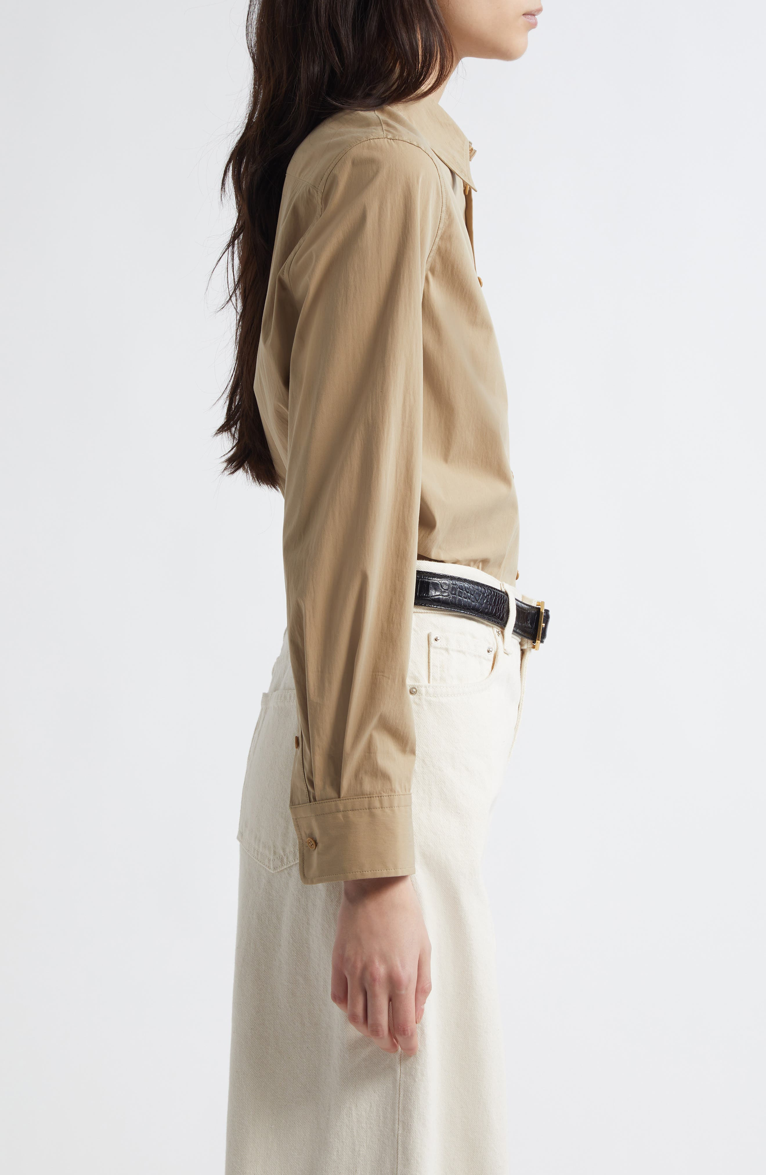 Nili Lotan Dyllan Shrunken Cotton Shirt in Khaki at Nordstrom - 3