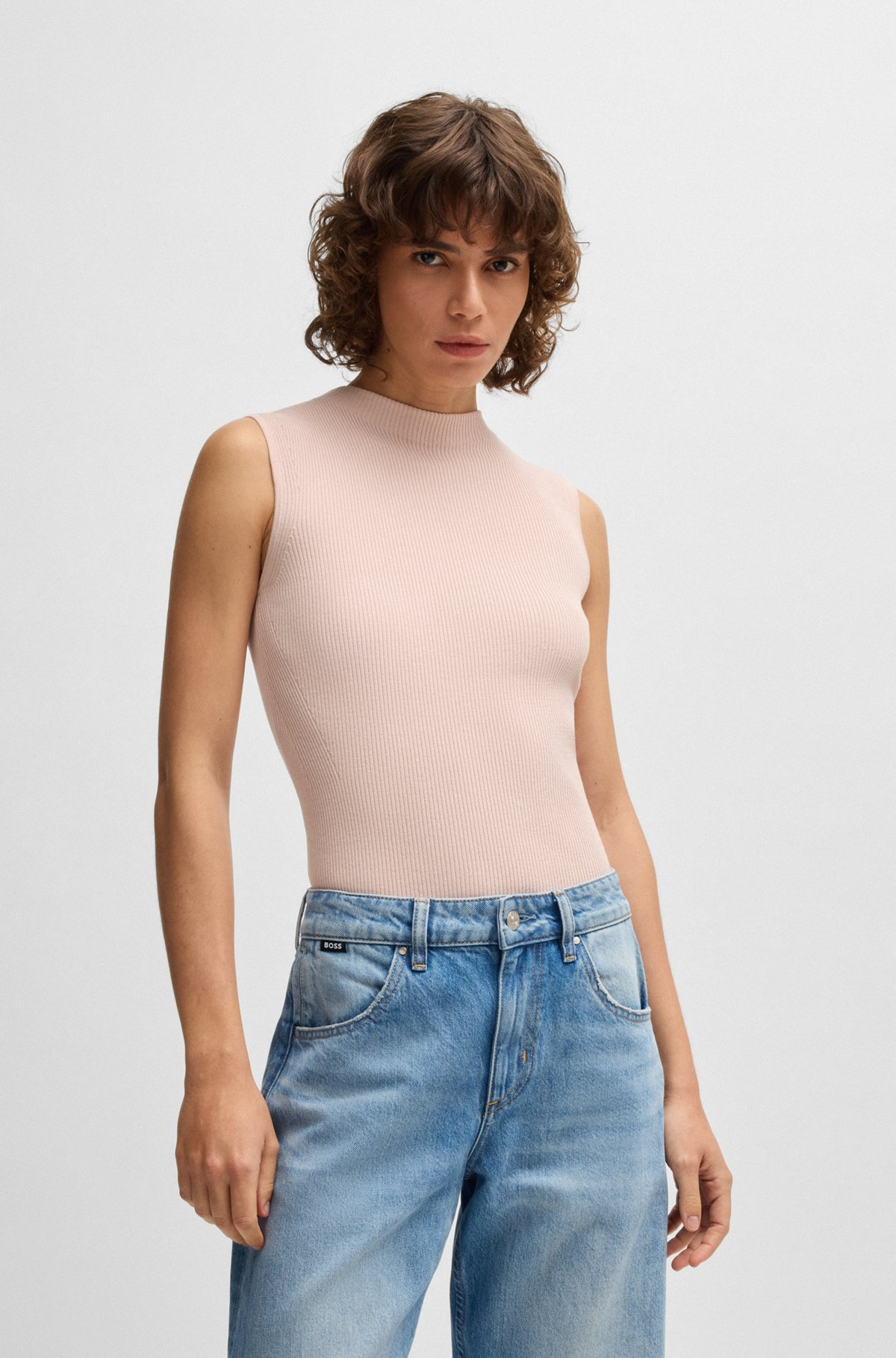SLEEVELESS MOCK-NECK TOP IN RIBBED FABRIC - 2