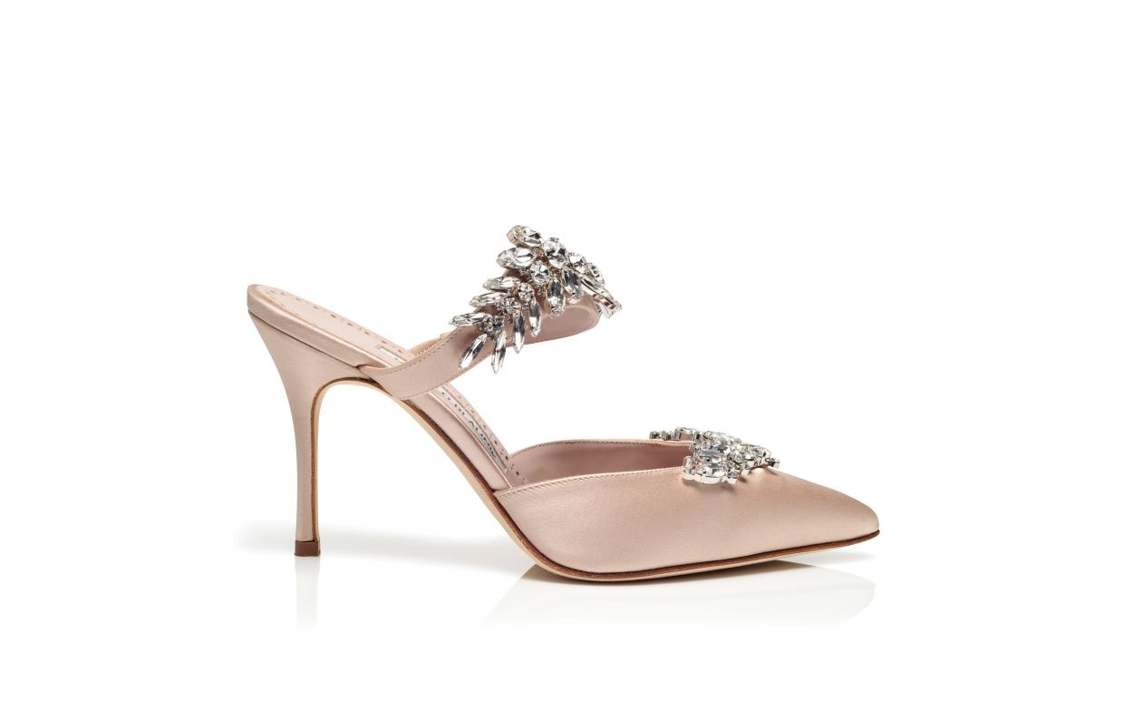 Light Beige Satin Crystal Embellished Mules - 1