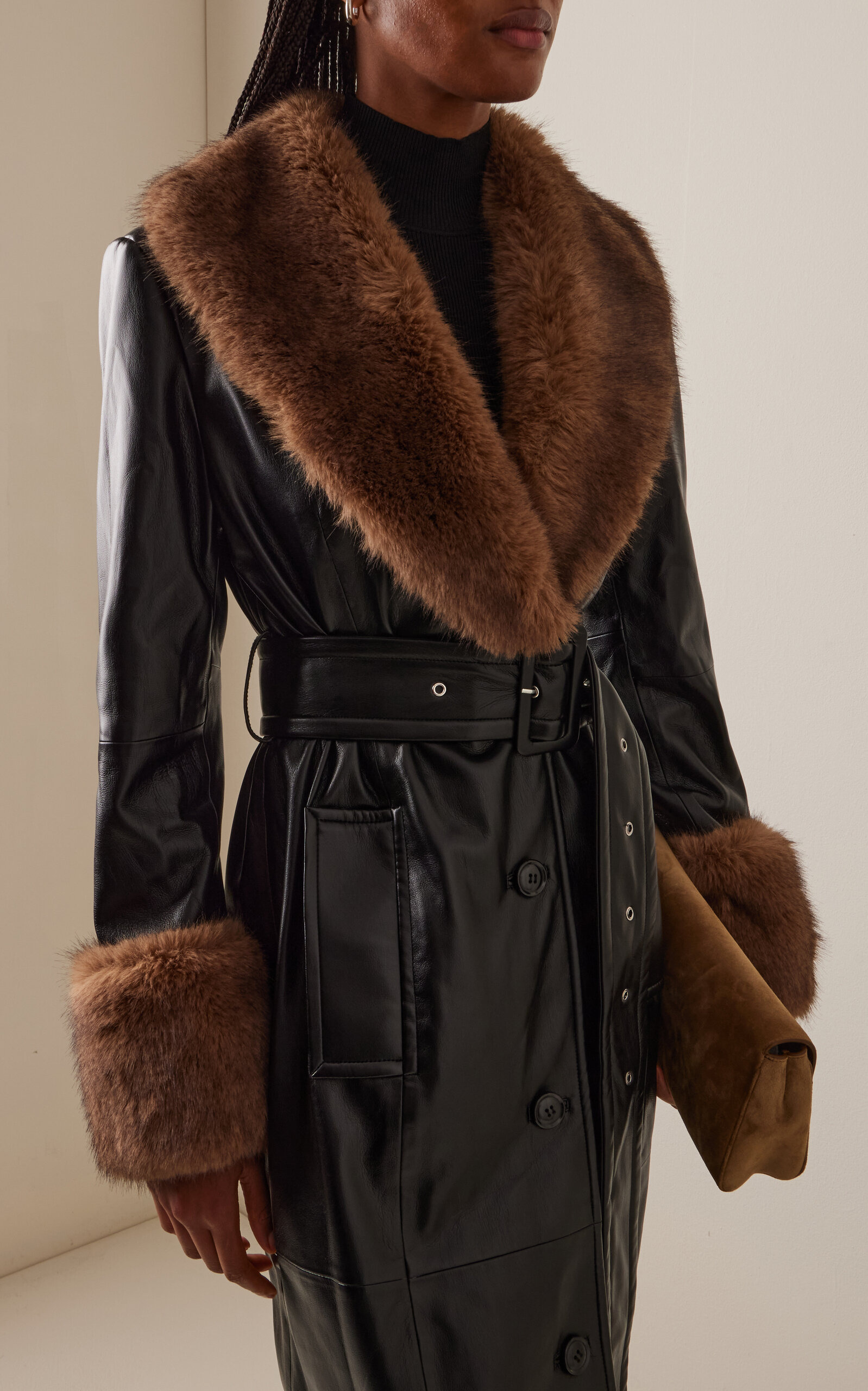 Estella Faux Shearling-Trimmed Vegan Leather Coat black - 3