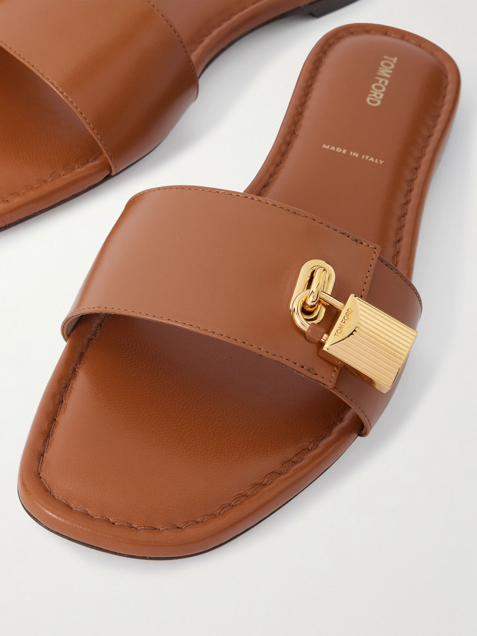 Embellished leather slides Tan - 4