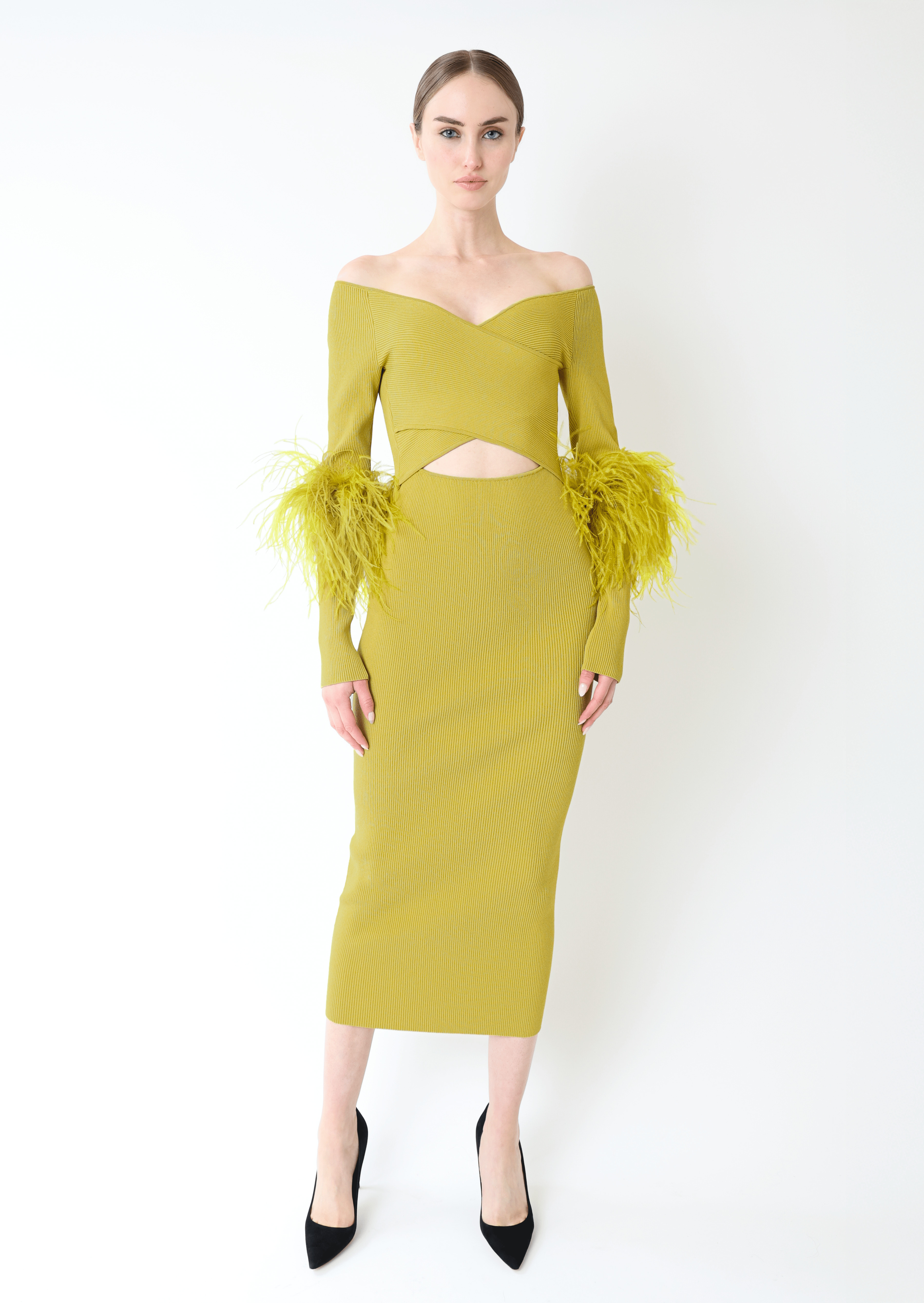 Matte Viscose Cross Front Dress With Feathers - 2