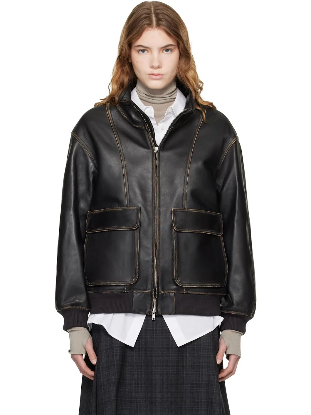 Black Stand Collared Leather Jacket - 1