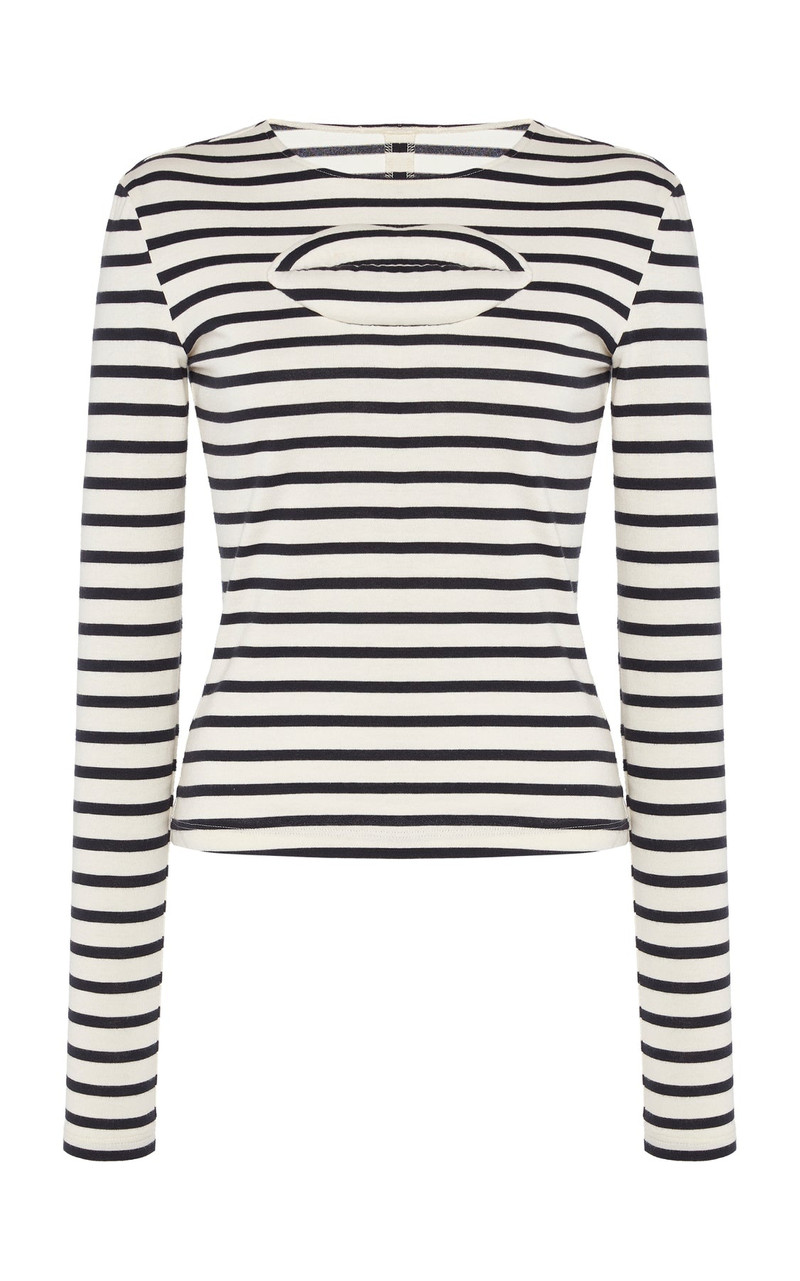 A.W.A.K.E. MODE STRIPED FITTED TOP WITH LIP APPLIQUE STRIPED NAVY WHITE outlook
