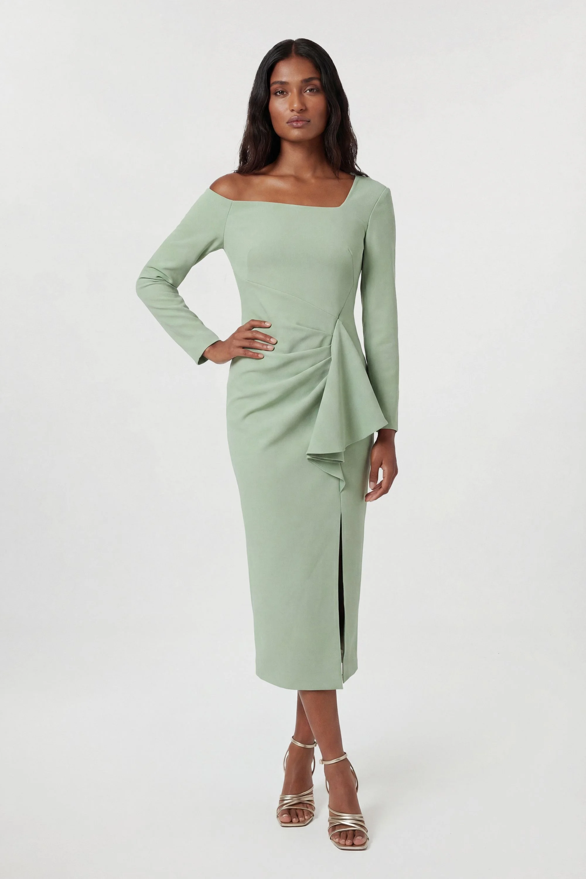 Petite Compact Stretch Asymmetric Neckline Draped Midi Dress - 1