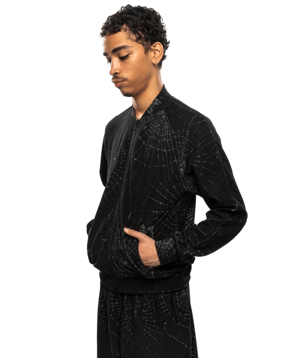 Rib Collar Track Jacket - Pile Jacquard / Spider Web Black - 3