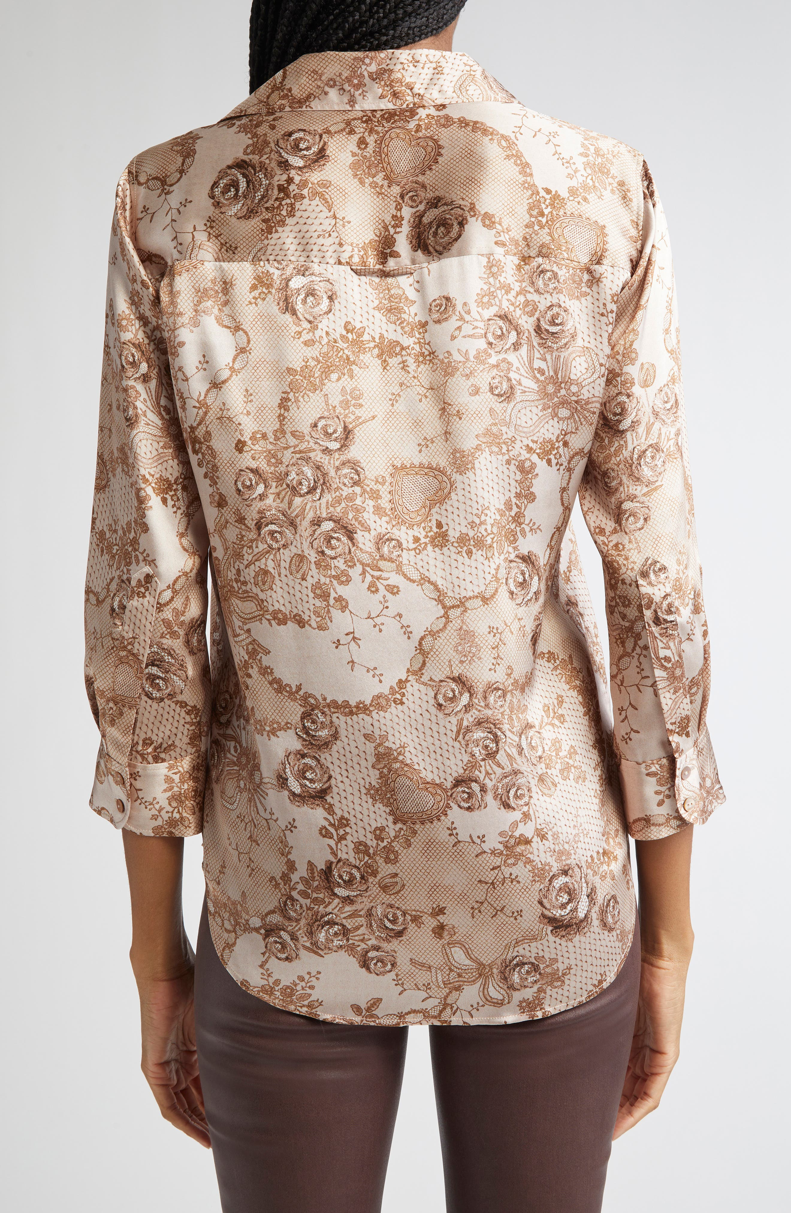 L'AGENCE Dani Lace Print Three-Quarter Sleeve Silk Button-Up Shirt in Toasted Almond Lace Print at N - 2