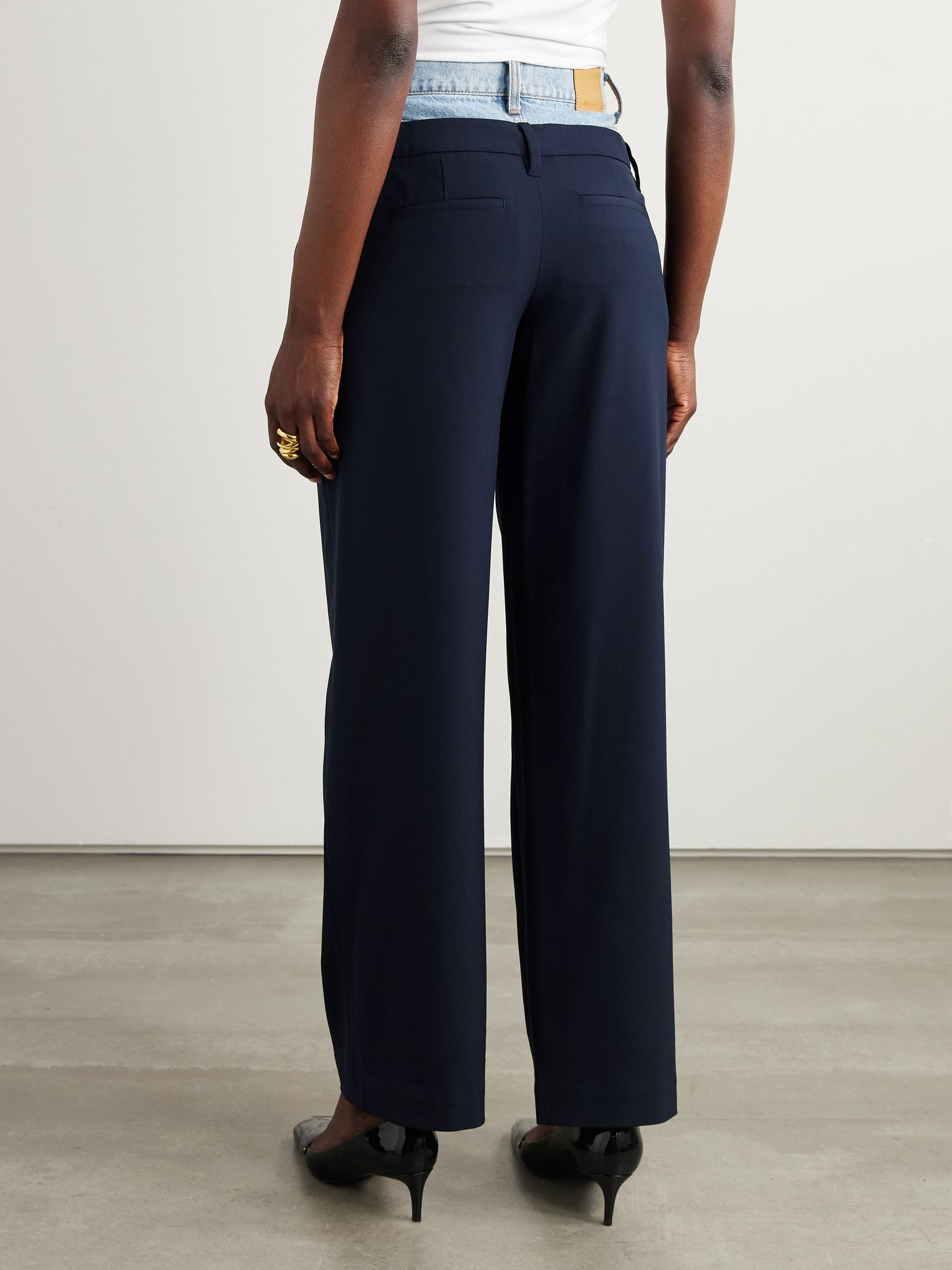 Ophelia denim-trimmed grain de poudre straight-leg pants Navy - 4