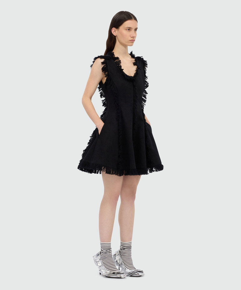 Black frayed raw cotton mini dress. 4