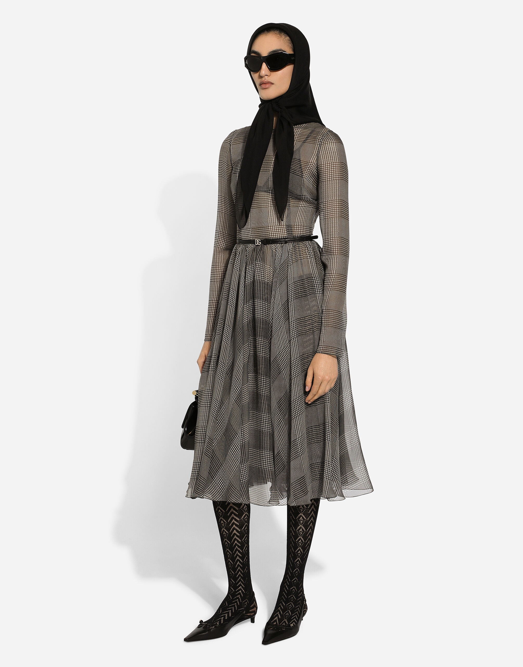Chiffon calf-length circle skirt with glen plaid print - 5