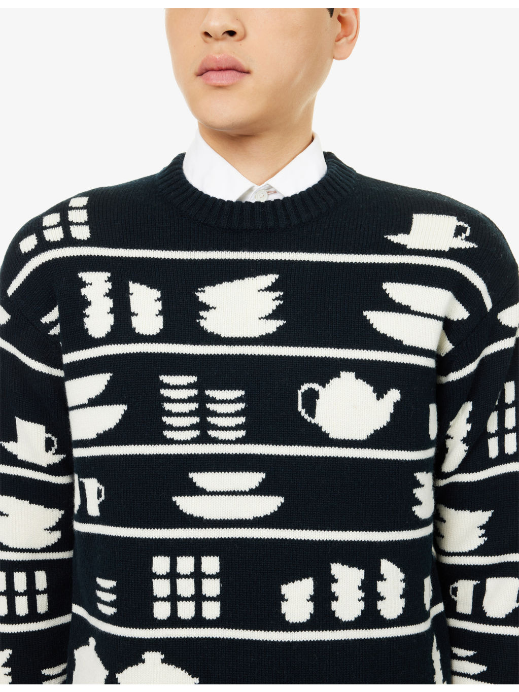 Crockery-Pattern Crewneck Knitted Wool Jumper - 5