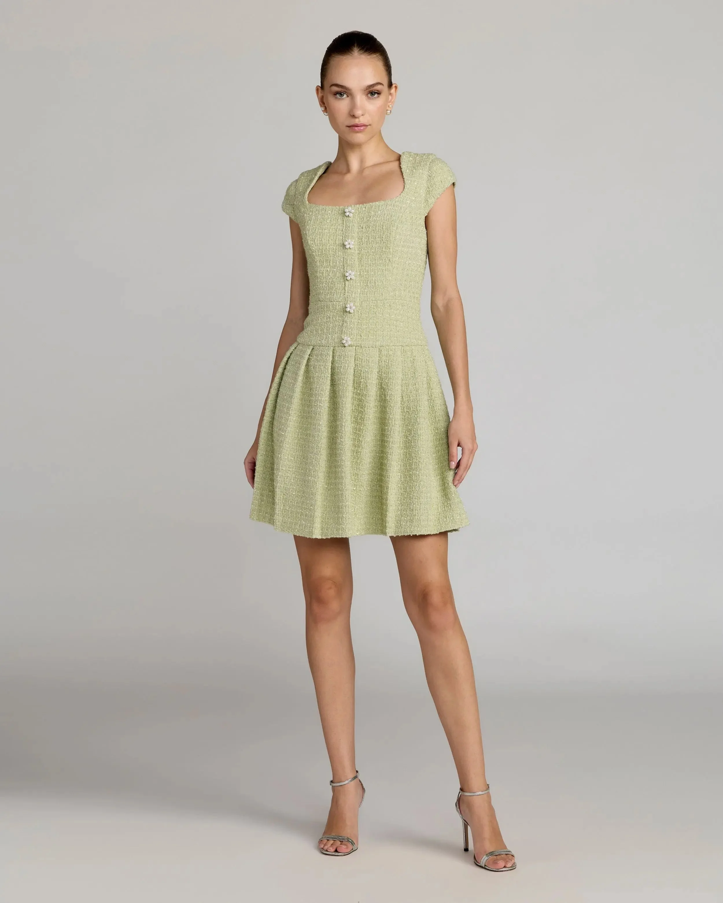 Sage Tweed Cap Sleeve Pleated Mini Dress - 1
