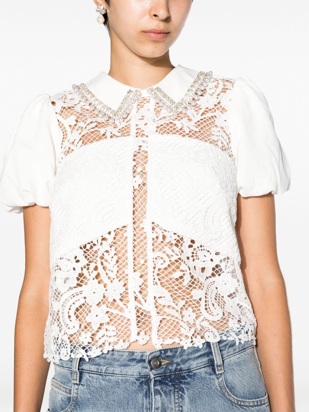 faux-pearl detail guipure-lace blouse - 5