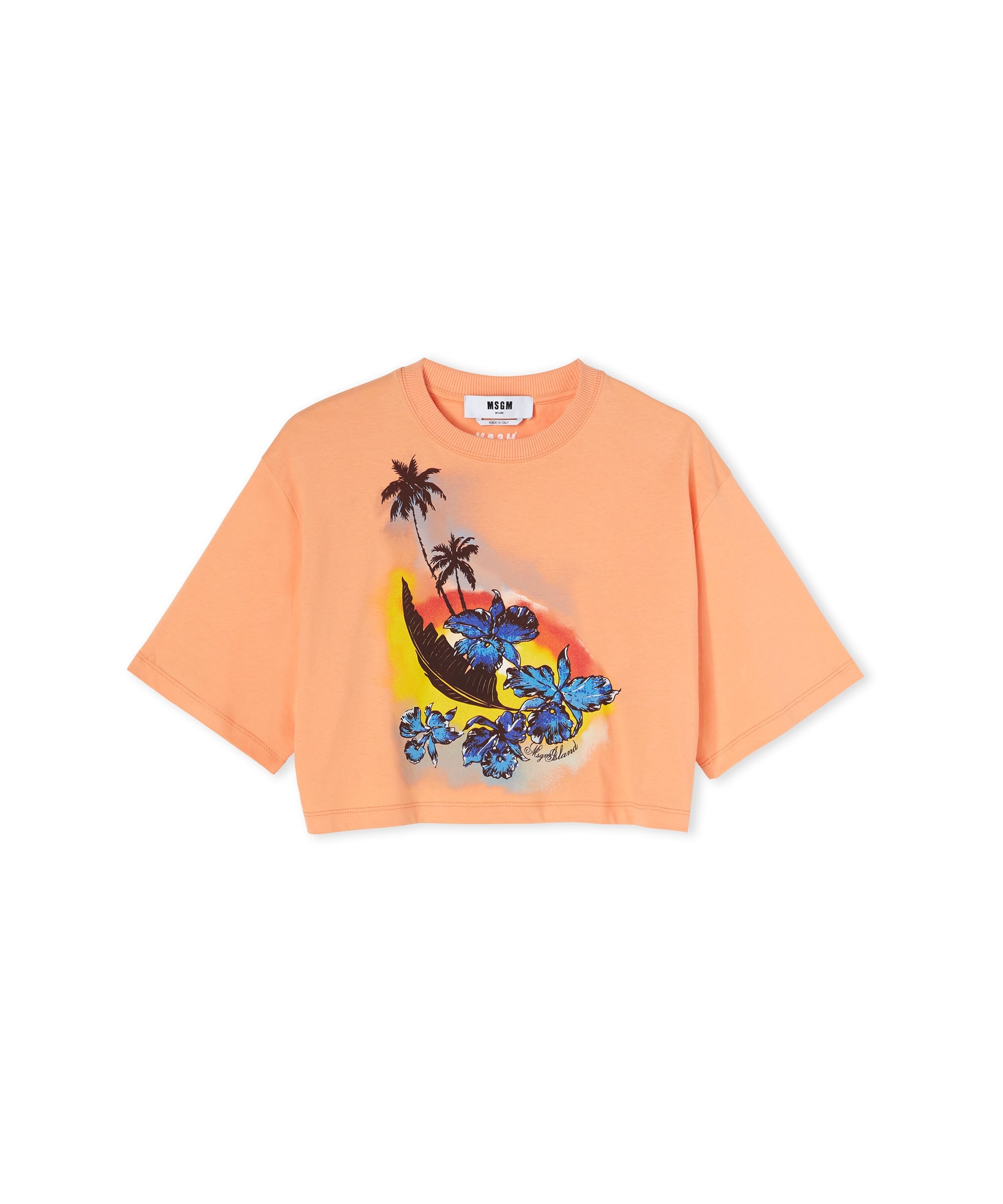 Solid color cotton crop-top crewneck t-shirt with "MSGM Sunset" graphic - 2