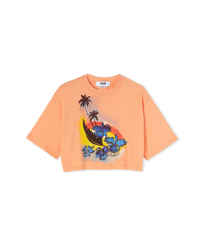MSGM Solid color cotton crop-top crewneck t-shirt with "MSGM Sunset" graphic outlook