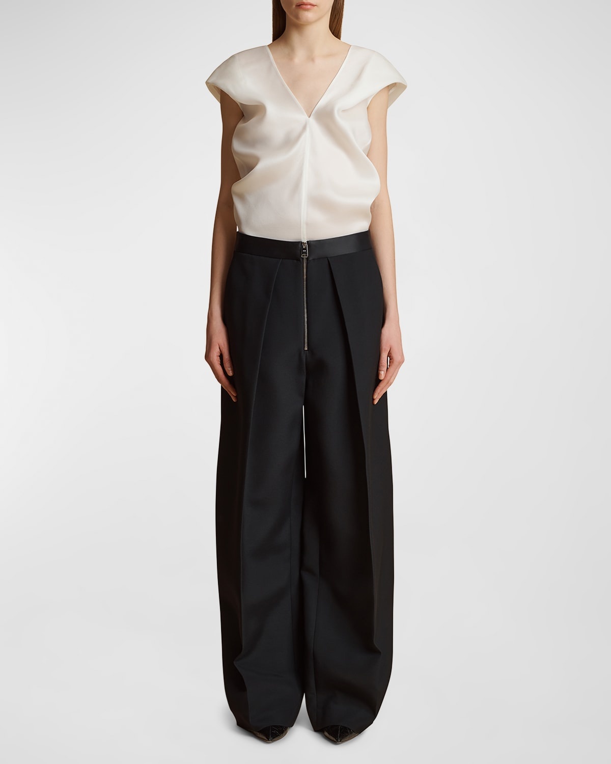 Marine Pleated Wide-Leg Pants with Zipper Front - 3