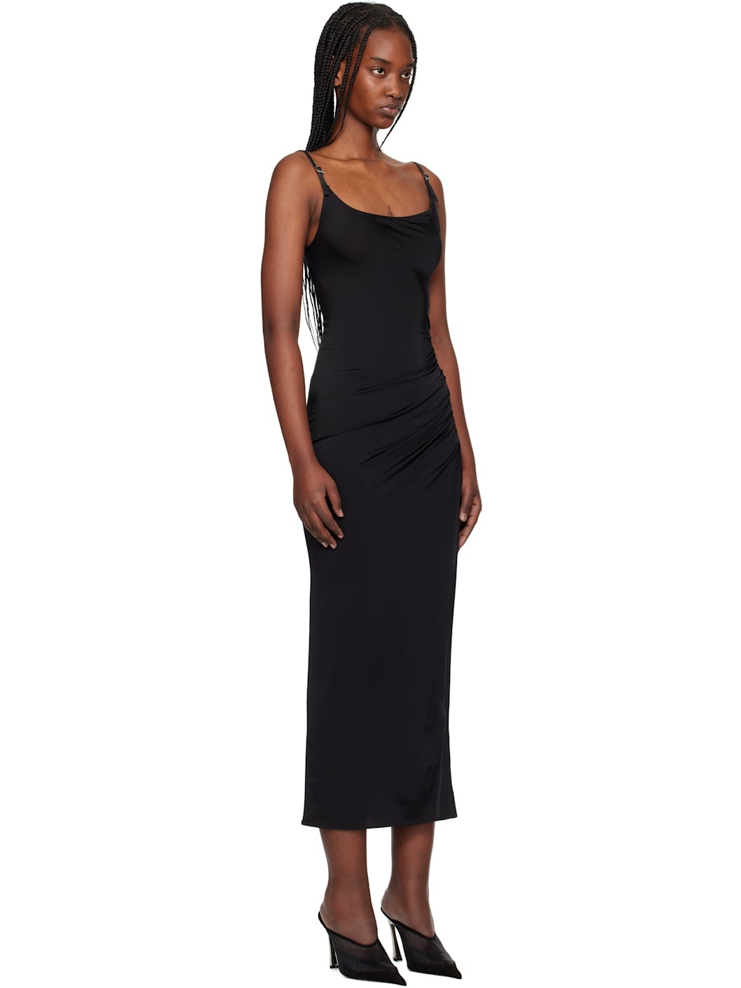 Black Asymetrical Buckled Strap Midi Dress - 2