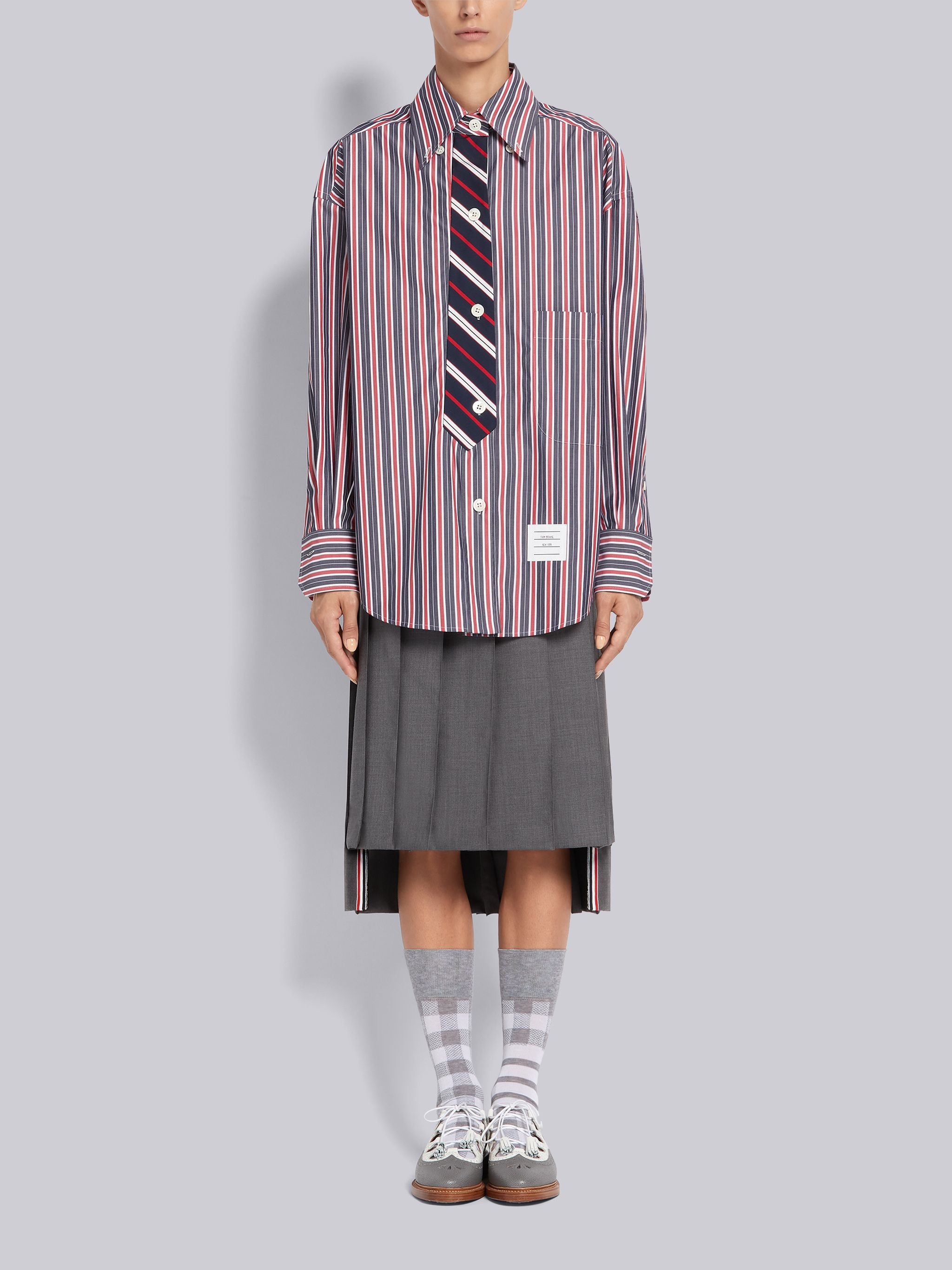 Multi-Color Cotton Poplin Trompe L'oeil Bar Stripe Necktie Supersized Shirt - 4