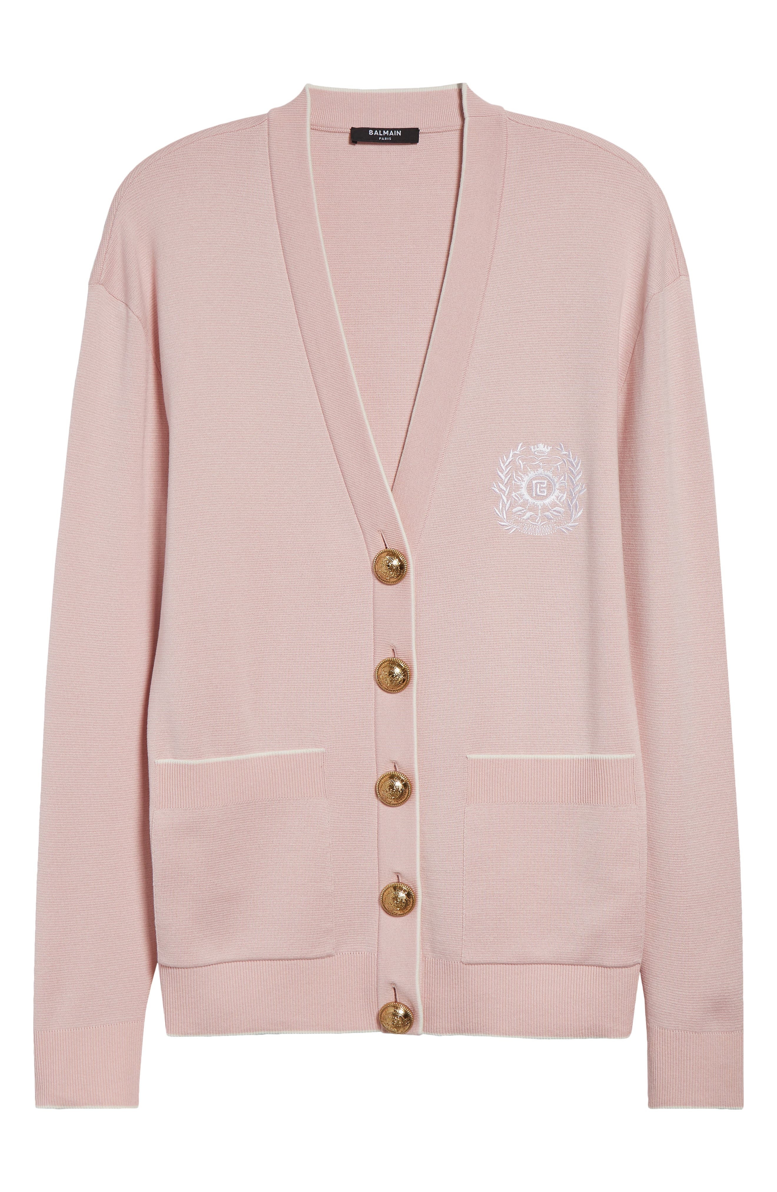 Balmain Logo Emblem Silk & Cotton Cardigan in Oin Pale Pink/White at Nordstrom - 6