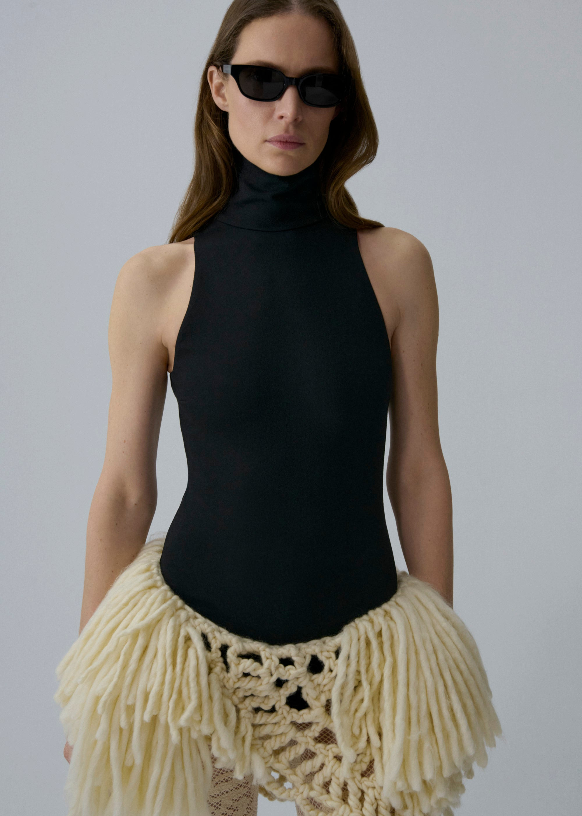 Hand-crocheted fringe dress in black and cream - 3