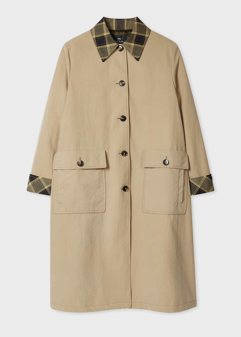 Women's Stone Nylon Mac with Contrast Check Trim 1